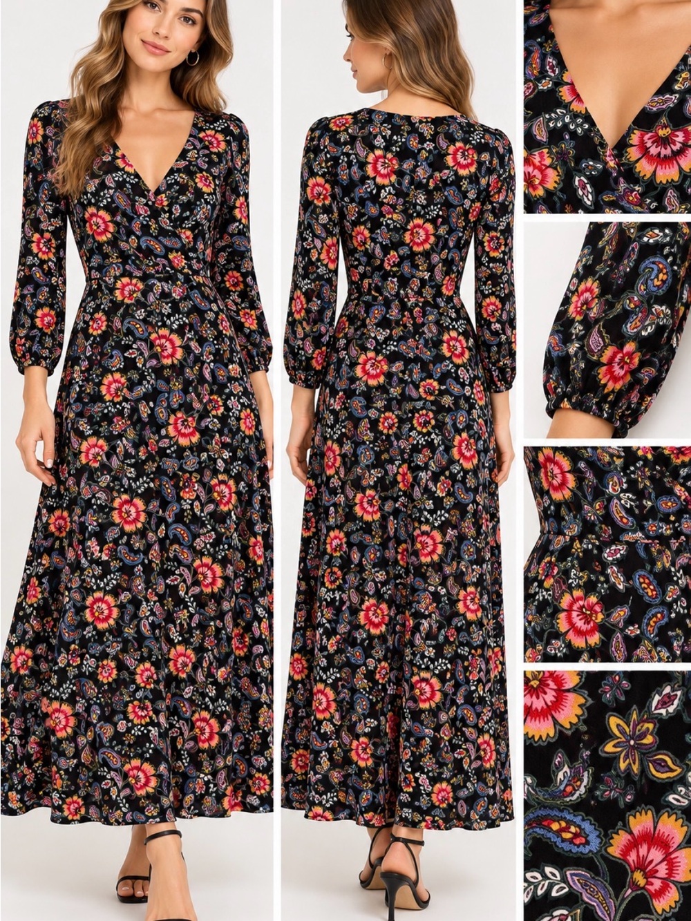 Boden Petite 2P Black Floral Paisley V-Neck Maxi Dress